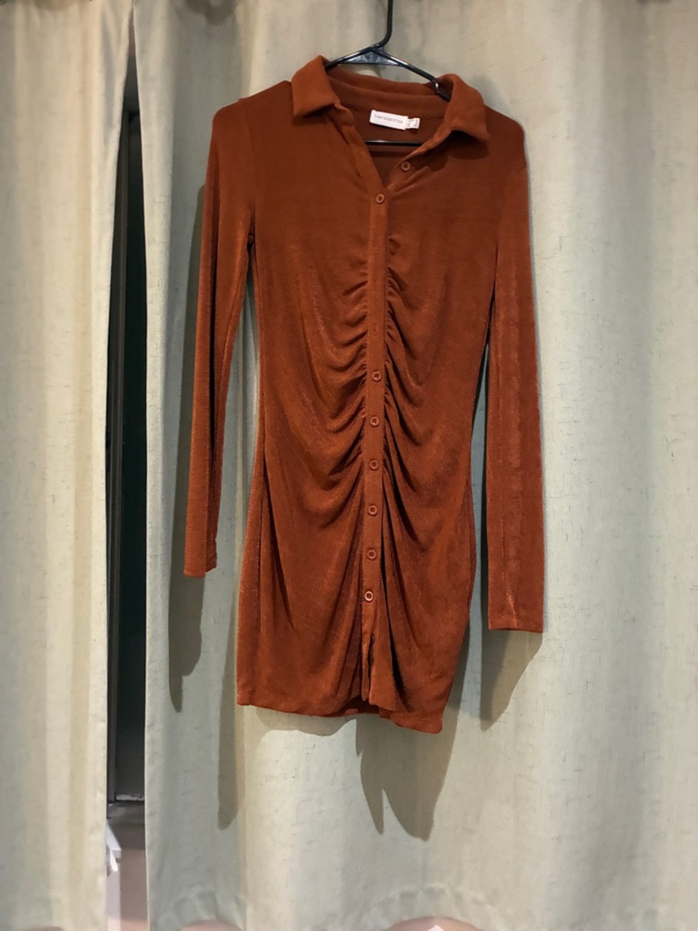 Rust Long Sleeve Ruched Button-Front Dress - Unbranded